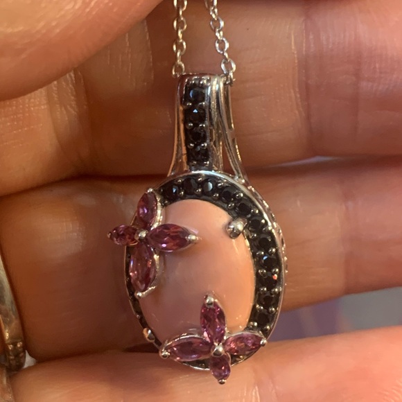 Pink opal and amethyst or rhodolite accent 925 pendant - Picture 3 of 12